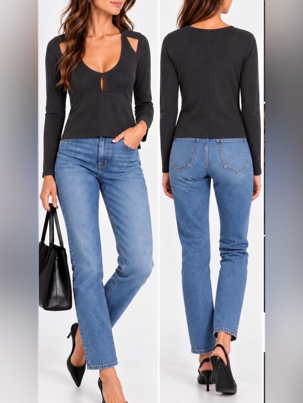 LNA Black Ribbed Cutout Shoulder Deep V Neck Top Size L NWT